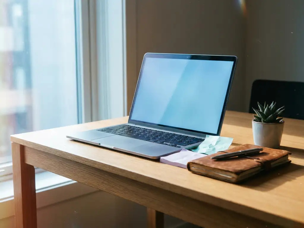 Öppen laptop på ekskrivbord med klistermärken, slitet läderblock och en liten suckulentväxt i mjukt fönsterljus.