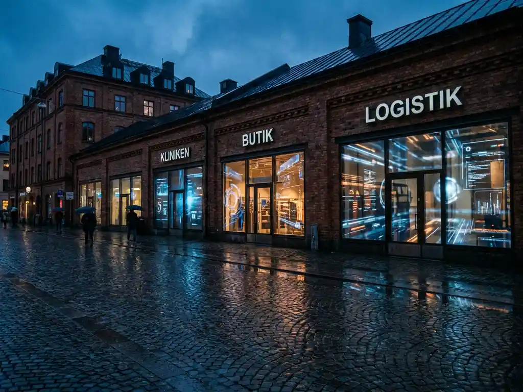 Stockholmsgata i skymningen med digitala spegelbilder av klinik, butik och lager i regnv&aring;t gatstensbel&auml;ggning, marinbl&aring; och b&auml;rnstensf&auml;rgad st&auml;mning.
