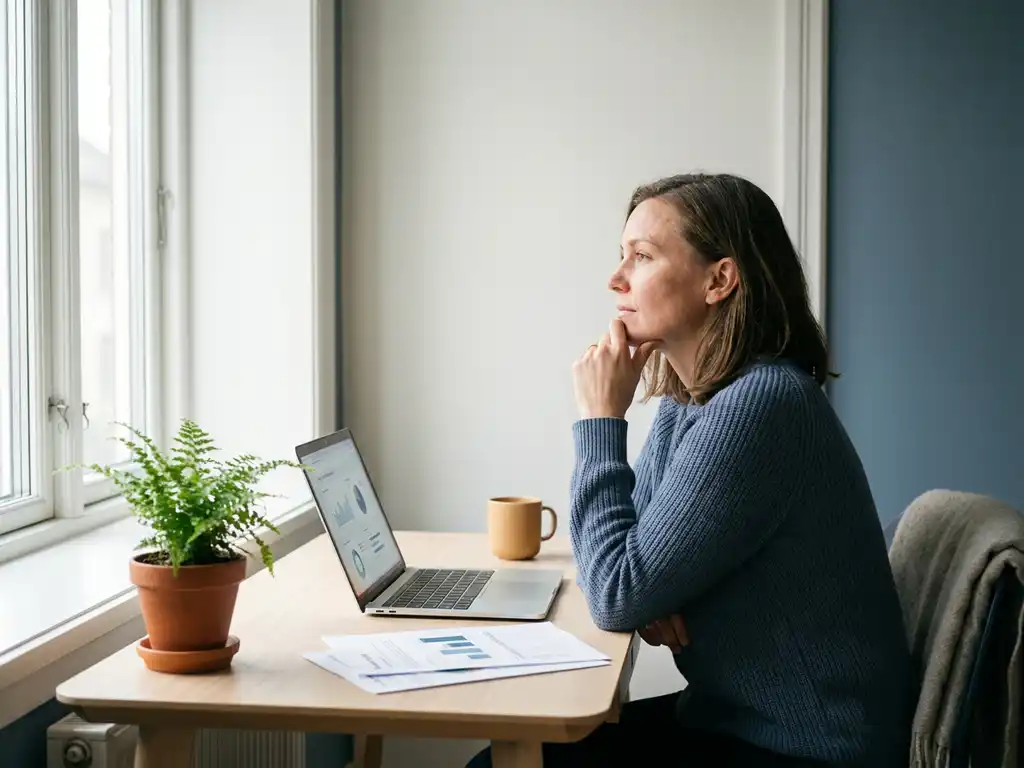 F&ouml;retagare i eftertanke vid minimalistiskt skrivbord med utskrivna rapporter och &ouml;ppen laptop, naturligt nordiskt ljus.