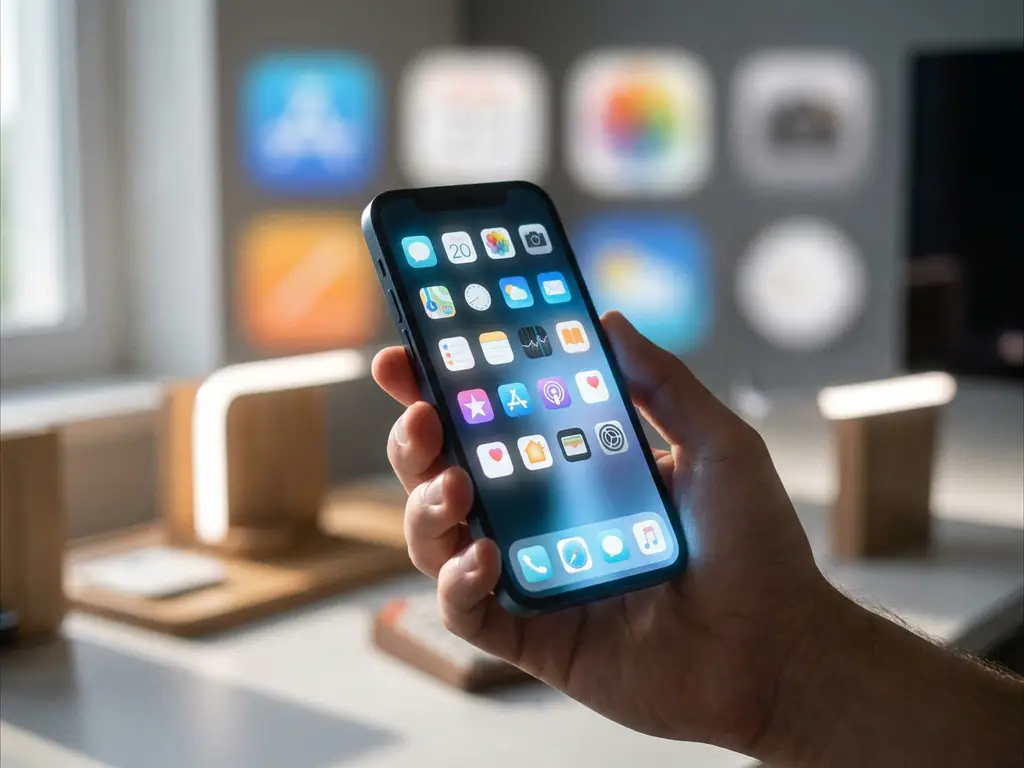 iPhone h&aring;llen i &ouml;gonh&ouml;jd med gl&ouml;dande apprutn&auml;t p&aring; sk&auml;rmen, mjuk bokeh av appikonер i bakgrunden, studiomilj&ouml; i bl&aring; och vita toner.