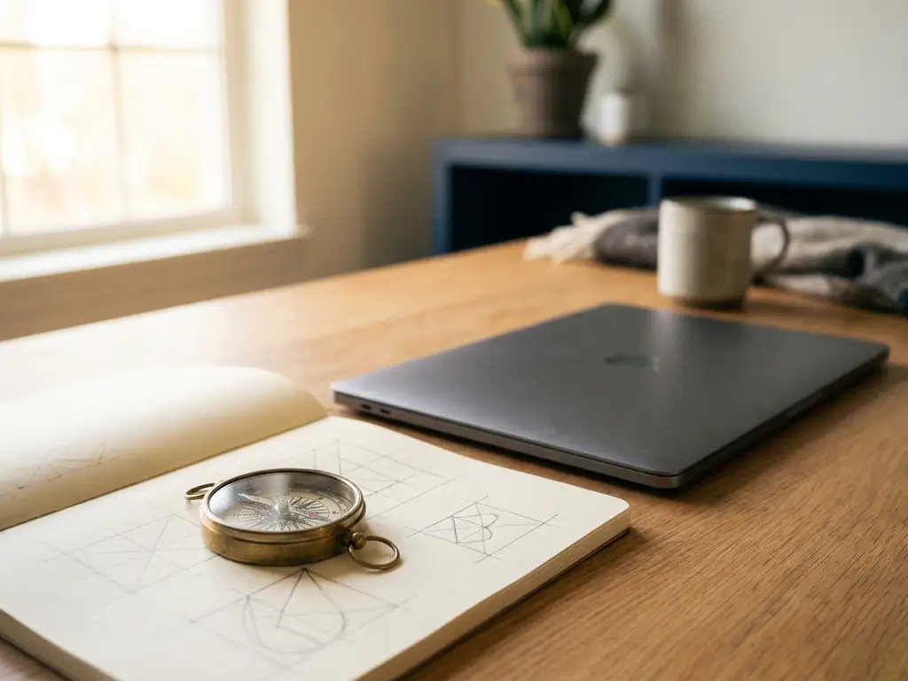 Geometrikompas p&aring; &ouml;ppen anteckningsbok med blyertsskisser bredvid laptop i skandinaviskt kontor, varmt morgonljus.