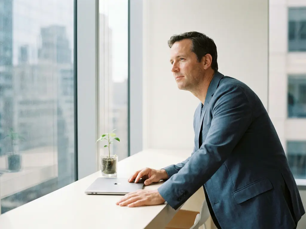 Aff&auml;rsperson vid modernt skrivbord med handen p&aring; st&auml;ngd laptop och gr&ouml;n planta i glasskruka, stadsvy i bakgrunden.