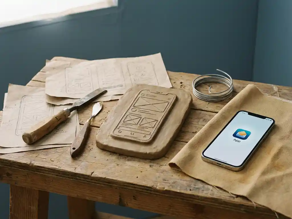 Lerlera prototyp av mobilapp-gr&auml;nssnitt p&aring; tr&auml;b&auml;nk, omgiven av skisser och handverktyg, med en polerad smartphone bredvid.