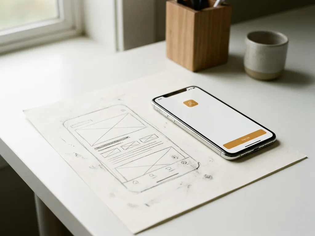 Handritad wireframe-skiss p&aring; papper bredvid ett f&auml;rdigt smartphoneprototyp p&aring; ett vitt skrivbord, visar designprocessen fr&aring;n id&eacute; till produkt.