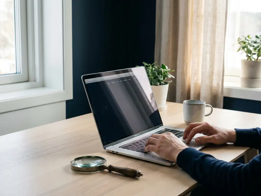 Utvecklarens h&auml;nder &ouml;ver laptop-tangentbord med webbgr&auml;nssnitt p&aring; sk&auml;rmen, f&ouml;rstoringsglas p&aring; skrivbordet, skandinaviskt hemmakontor.