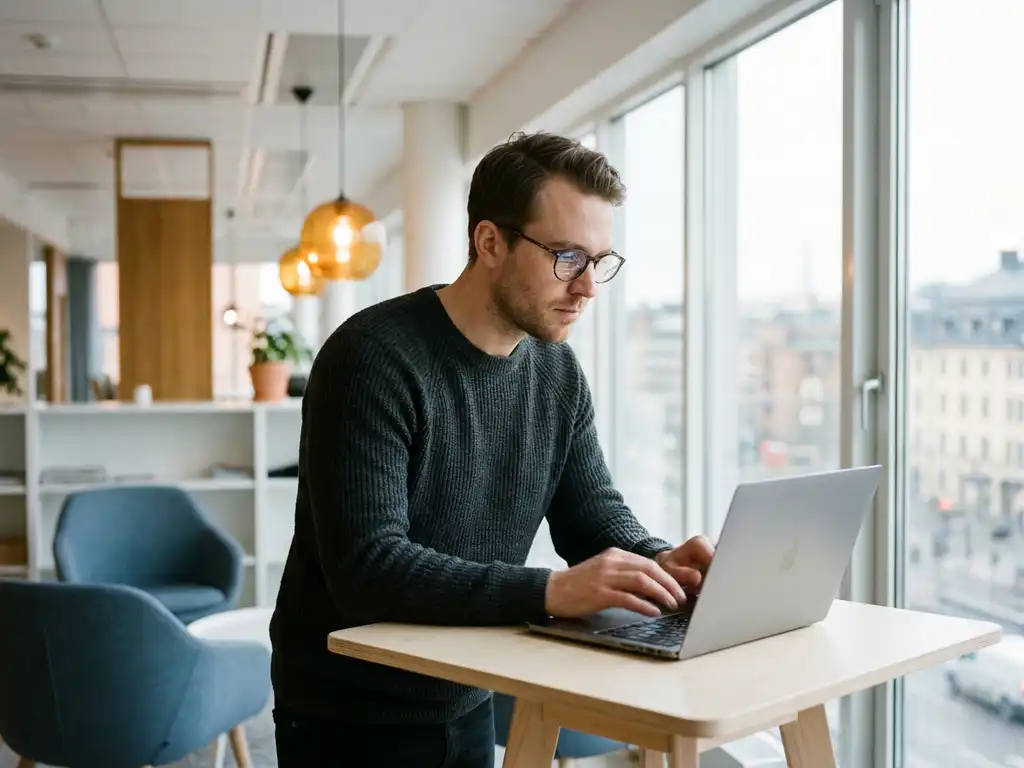 IT-konsult vid st&aring;bord i modernt Stockholmskontor skriver snabbt p&aring; laptop med flera webbl&auml;sarf&ouml;nster &ouml;ppna.