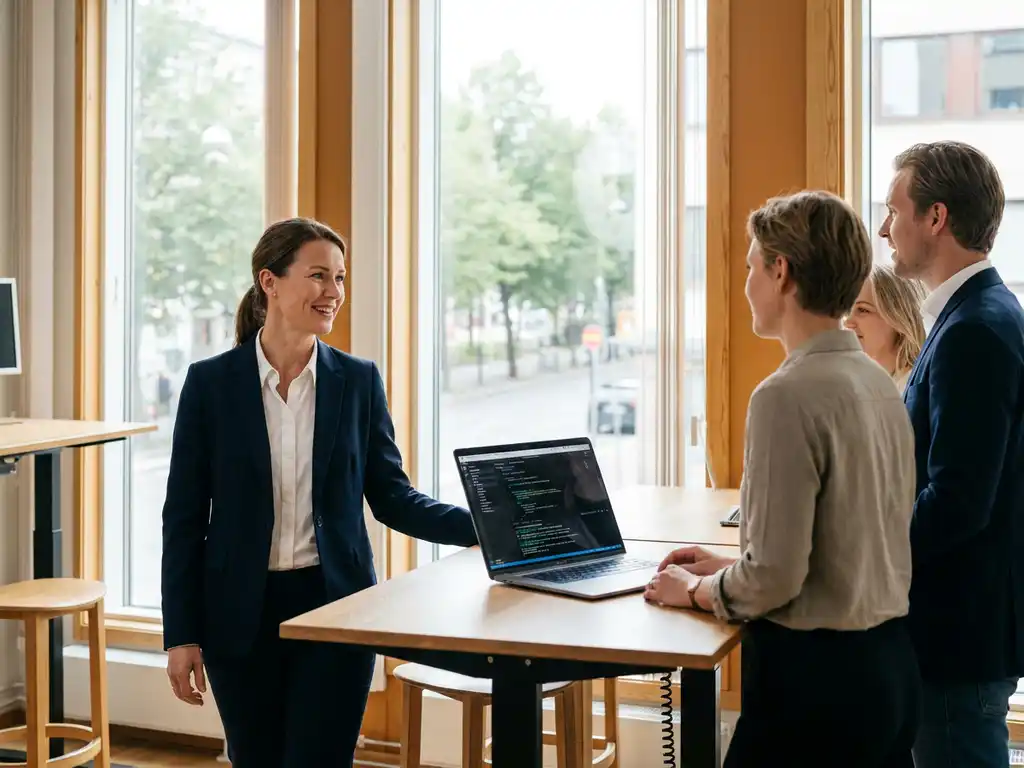 IT-konsult som ansluter till ett team vid ett st&aring;bord med &ouml;ppen laptop, modernt skandinaviskt kontor med golvh&ouml;ga f&ouml;nster och nordiskt dagsljus.