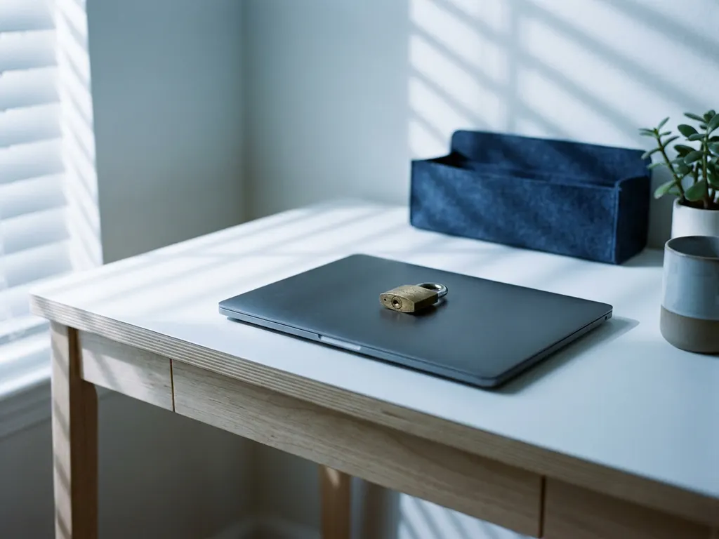 St&auml;ngd modern laptop p&aring; nordiskt skrivbord med ett litet m&auml;ssingsh&auml;ngl&aring;s p&aring; locket, mjukt sidoljus och naturliga tr&auml;toner.