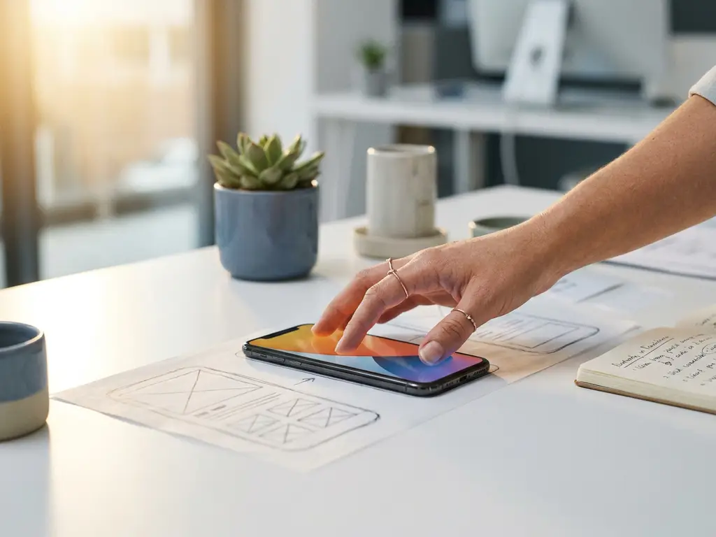 Designer arrangerar gl&ouml;dande smartphonemockup p&aring; vitt skrivbord med wireframe-skisser, krukv&auml;xt och varmt gyllene ljus.
