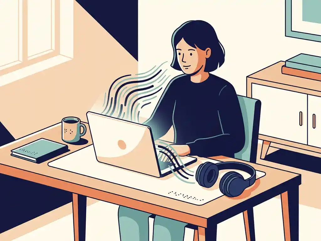 Person vid laptop med ljudv&aring;gor mot h&ouml;rlurar p&aring; skrivbord, braillepunkter p&aring; ytor, minimalistisk nordisk arbetsmilj&ouml; i marinbl&aring;tt och teal.