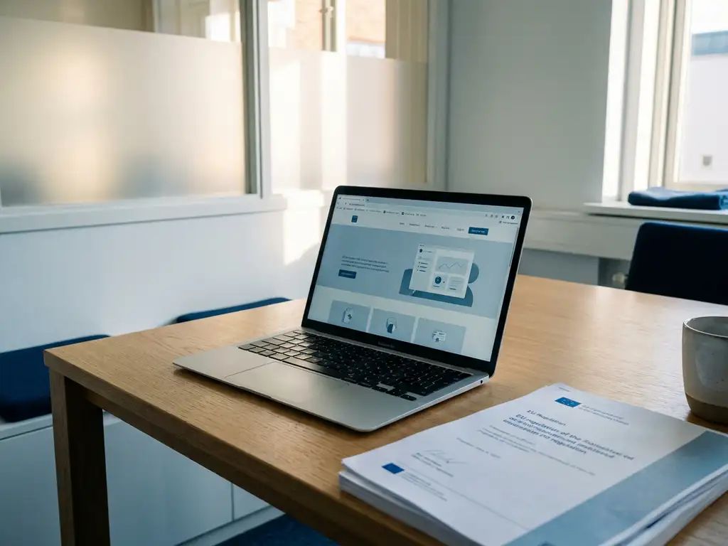 Laptop med tillg&auml;nglig webbplats p&aring; minimalistiskt ekskrivbord bredvid ett EU-regeldokument i nordiskt kontorsmilj&ouml;.