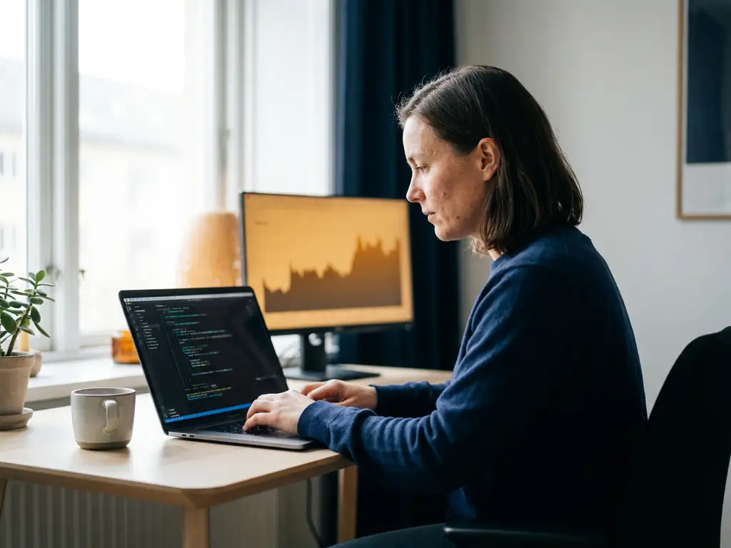 Utvecklare skriver kod p&aring; laptop i minimalistiskt skandinaviskt kontor med naturligt ljus och dubbla sk&auml;rmar.