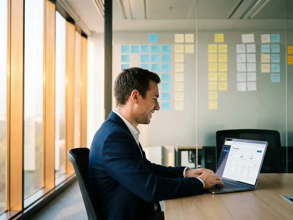 Utvecklare granskar sprintframsteg p&aring; laptop vid skandinaviskt kontorsskrivbord med sticky notes i kolumner p&aring; glasv&auml;gg, varmt morgonljus.