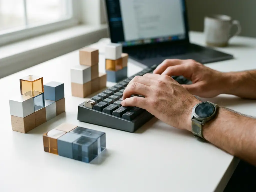Utvecklarens h&auml;nder &ouml;ver mekaniskt tangentbord omgivet av modul&auml;ra byggblock i tr&auml;, metall och akryl p&aring; minimalistiskt vitt skrivbord.