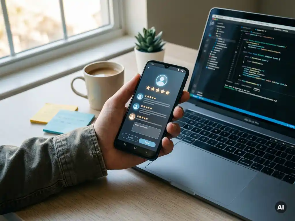 Utvecklarens hand h&aring;ller en Android-smartphone med en lysande apprecensionssk&auml;rm vid ett modernt skrivbord med laptop och kaffe.