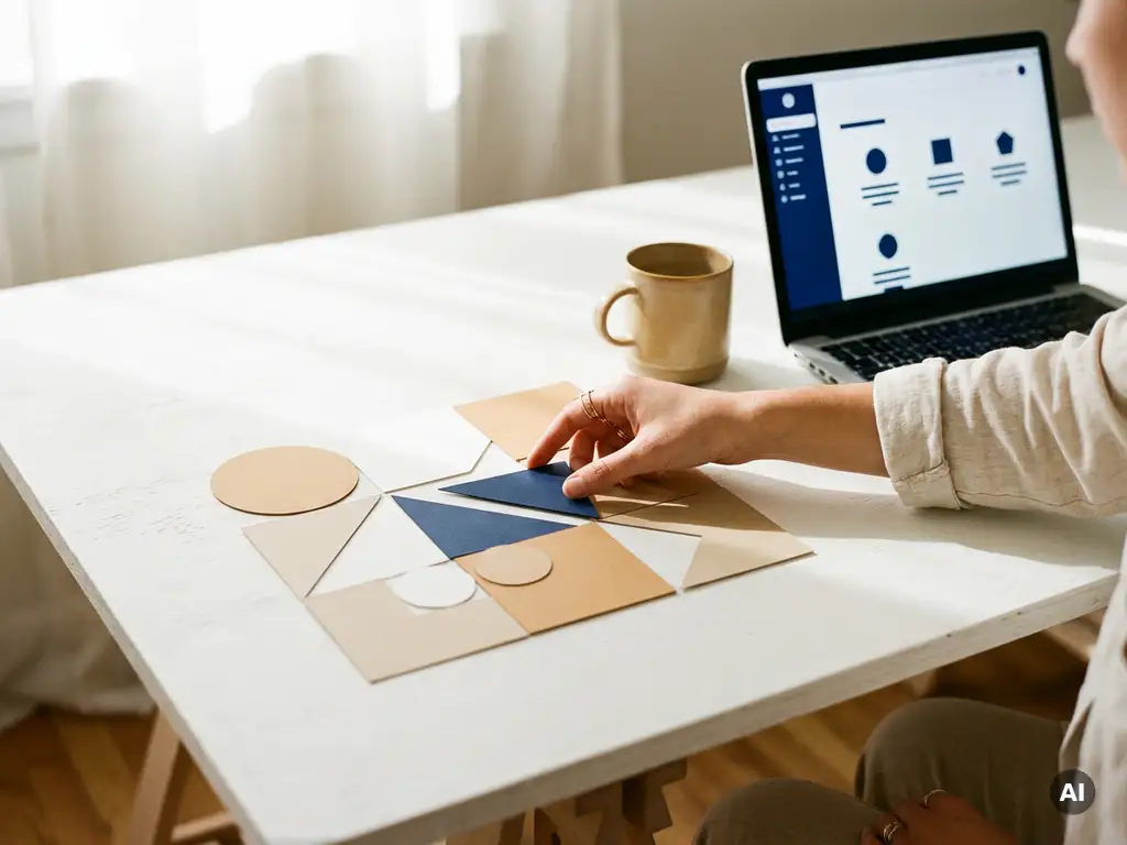 Designerns hand arrangerar geometriska pappersformer p&aring; vitt skrivbord med &ouml;ppen laptop i bakgrunden, mjukt sidoljus.