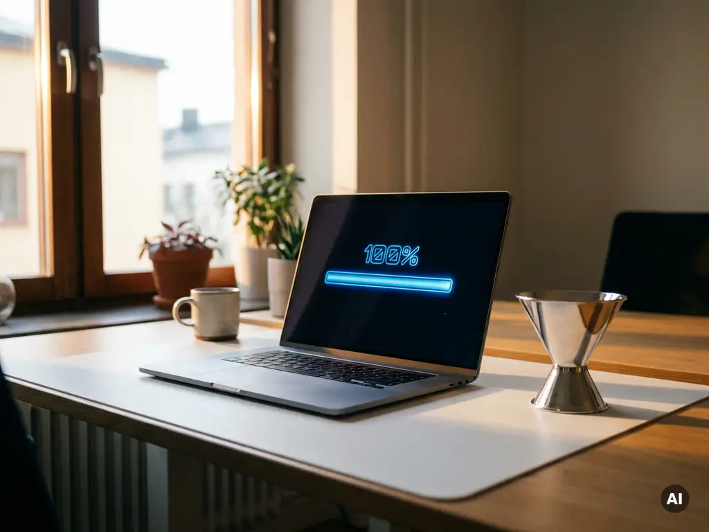 Laptop med laddningsindikator p&aring; vitt skrivbord bredvid krommodell av konverteringstratt i modernt svenskt kontor.