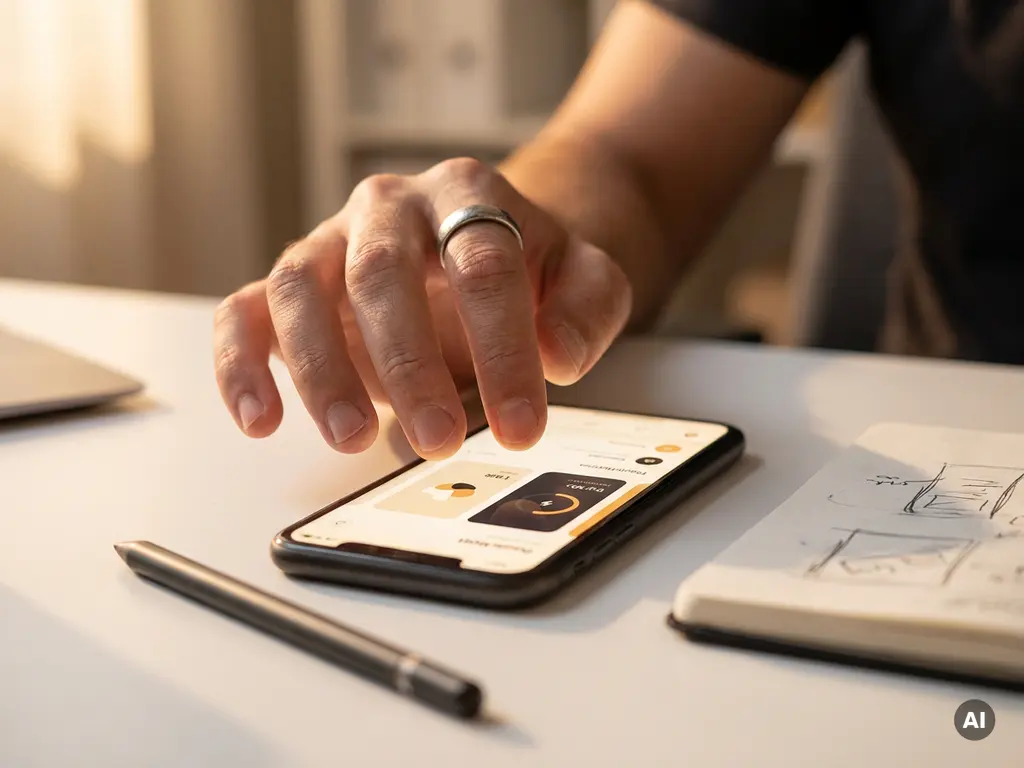 Designers hand n&auml;ra att nudda en smartphone med ett elegant app-gr&auml;nssnitt, med stylus och skissbok p&aring; vitt skrivbord i varmt gyllene ljus.