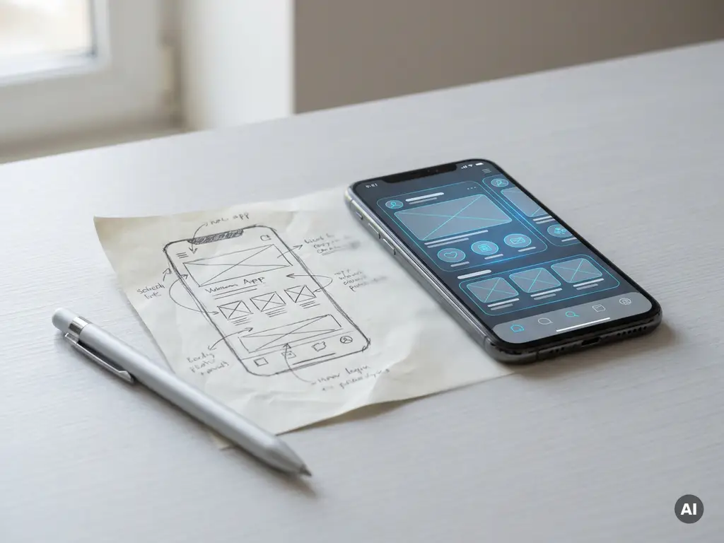 Handritad wireframe-skiss p&aring; papper bredvid en polerad smartphonemockup p&aring; ett minimalistiskt skrivbord, med en styluspenna i mjukt naturligt ljus.