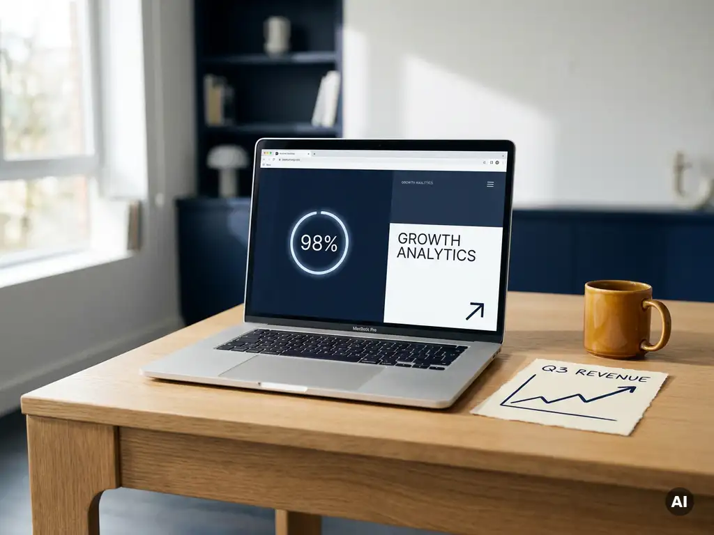 Laptop p&aring; ekskrivbord visar snabbladdad webbplats bredvid pappersgraf med upp&aring;tg&aring;ende kurva, modernt Stockholmskontor.