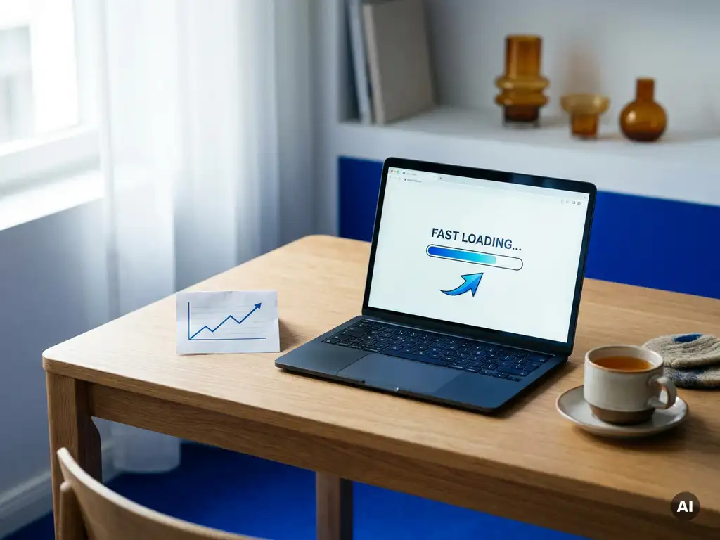 Laptop p&aring; minimalistiskt skandinaviskt skrivbord visar snabbladdad webbplats, med upp&aring;tg&aring;ende graf och kaffekopp bredvid.