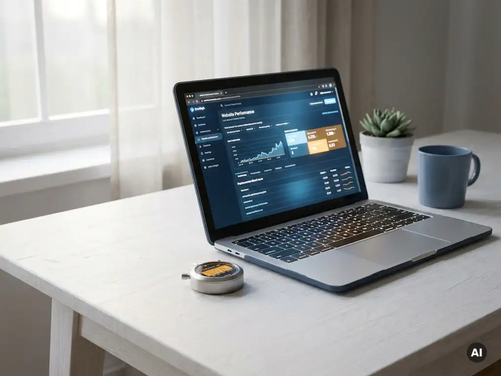 Laptop p&aring; minimalistiskt vitt skrivbord med webbplatsens prestandadashboard, stoppur bredvid tangentbordet i mjukt morgonljus.