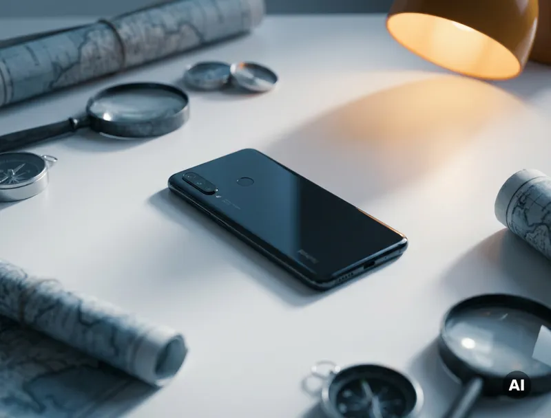 Android-smartphone v&auml;nd med sk&auml;rmen ned&aring;t p&aring; vitt skrivbord, omgiven av f&ouml;rstoringsglas, symboliserande missad synlighet i s&ouml;kmotorer.