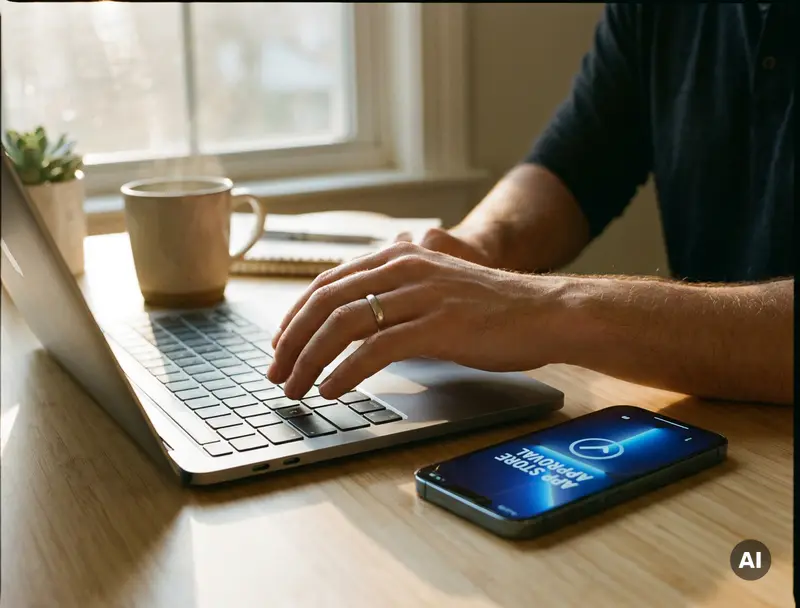 Utvecklarhand &ouml;ver MacBook-tangentbord med iPhone som visar App Store-godk&auml;nnande i mjukt morgonljus.