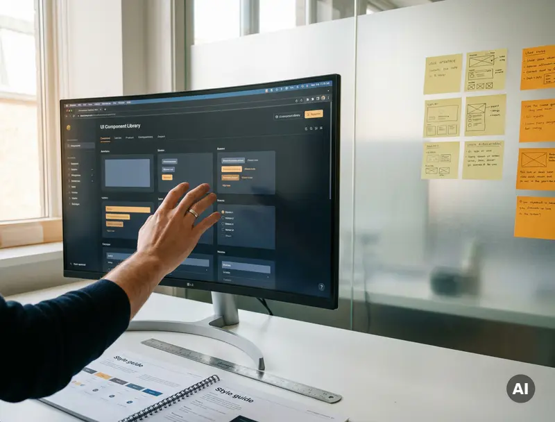 Designers hand &ouml;ver komponentbibliotek p&aring; stor sk&auml;rm, med UI-m&ouml;nster p&aring; sticky notes mot frostad glasv&auml;gg och stilguide p&aring; vitt skrivbord.