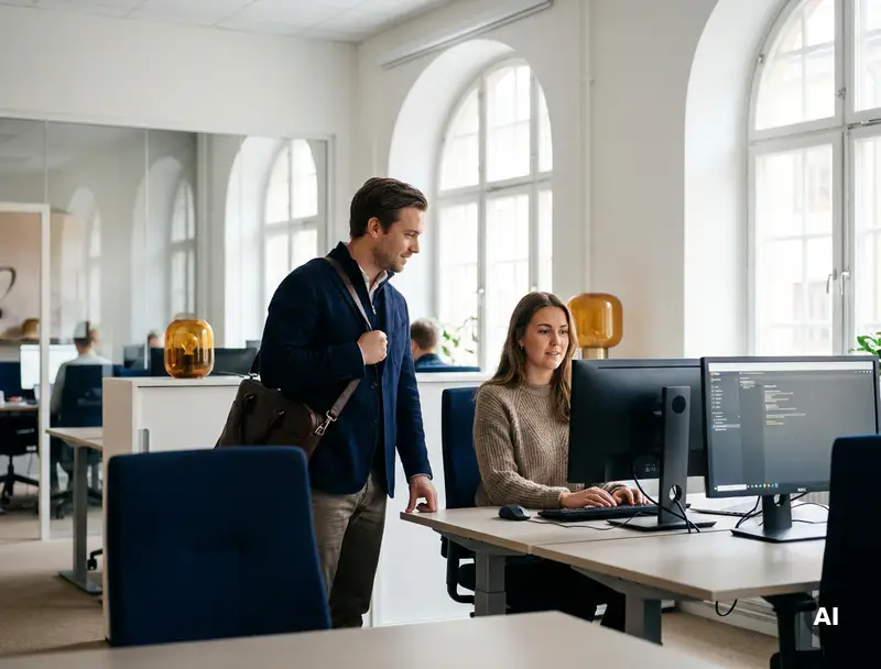 Frilanskonsult med laptopv&auml;ska bredvid en fast anst&auml;lld vid dubbla sk&auml;rmar i modernt Stockholmskontor med glaspartitioner.