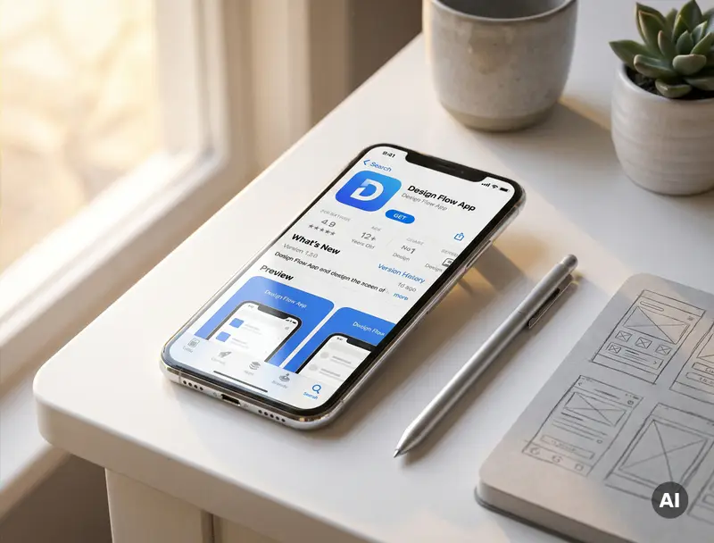 Smartphone med app store-sida p&aring; vit skrivbord, omgiven av stylus och anteckningsbok med UI-skisser i silver- och bl&aring;toner.