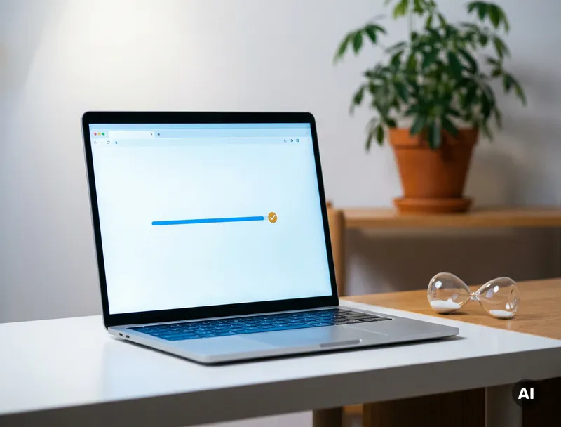 Laptop p&aring; minimalistiskt vitt skrivbord med snabbladdad webbl&auml;sare, timglas och gr&ouml;n v&auml;xt i bakgrunden.